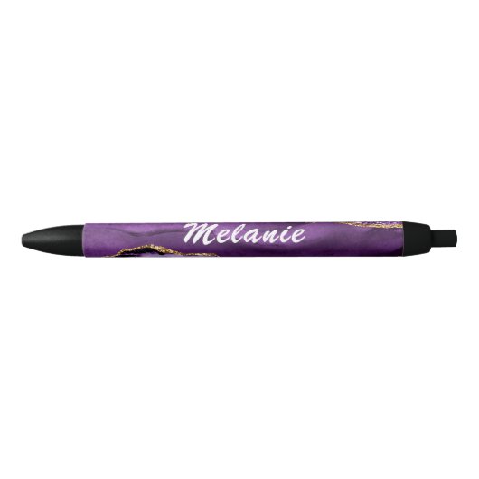 Bleu Nom personnalisé Stylo Agate violet marbre d'or (Devant)