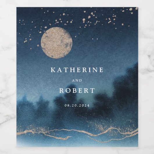 Bleu Nuit Aquarelle Paysage Mariage Étiquette de v (Étiquettes simples)