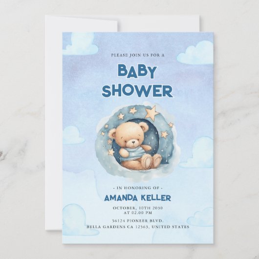 Bleu nuit Ciel bébé Ours Douche Invitation (Devant)