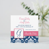 Bleu Nuit Damassé Monogram G Faire-Part Rose (Debout devant)