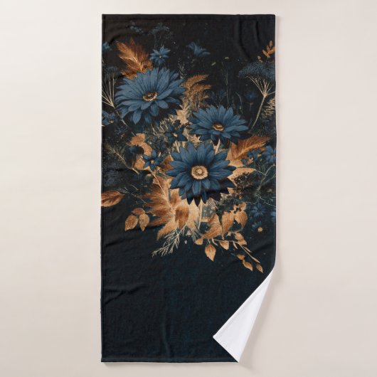 Bleu Nuit Foncé & Or Floral Rustique Glam Boho (Serviette de bain)