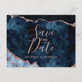 Bleu Nuit Rose Gold Marbre Agate Faire-Part de Dat (Devant)