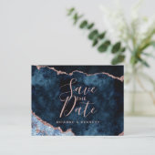 Bleu Nuit Rose Gold Marbre Agate Faire-Part de Dat (Debout devant)