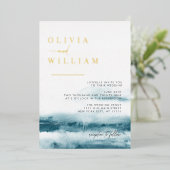 Bleu Océan Aquarelle Mariage Foil Invitation (Debout devant)