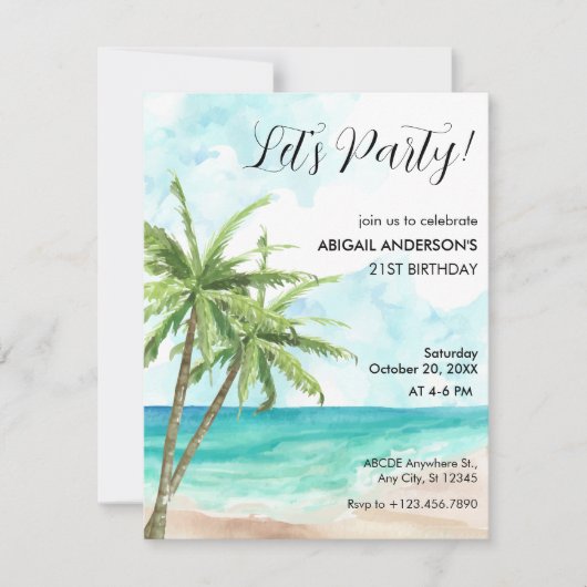 Bleu océan plage de cocotiers Invitation (Devant)
