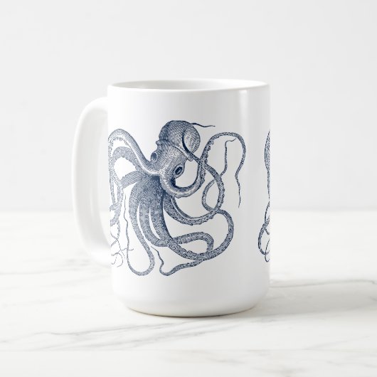 Bleu Octopus Illustration nautique Café Mug (Devant gauche)