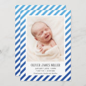 Bleu Ombre photo rayée Faire-part de naissance béb (Devant / Derrière)