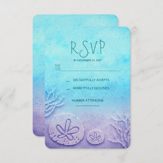 bleu ombre sable dollar mariage plage carte RSVP (Devant / Derrière)