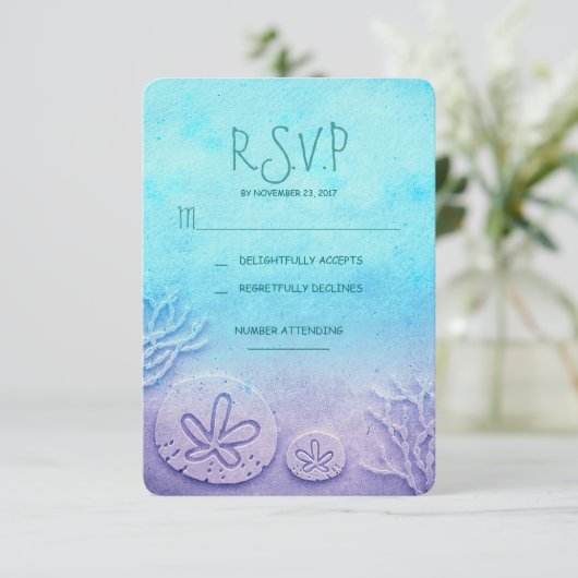 bleu ombre sable dollar mariage plage carte RSVP (Debout devant)