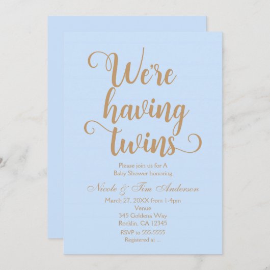 Bleu & Or Avoir des jumeaux Douche bébé Invitation (Devant / Derrière)