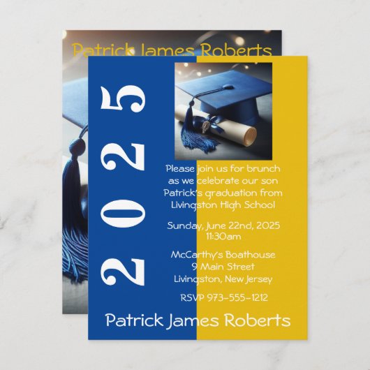 Bleu & Or Casquette Design Graduation Invitation (Devant / Derrière)