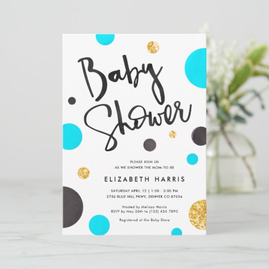 Bleu & Or Douche bébé Invitations - Pois (Debout devant)