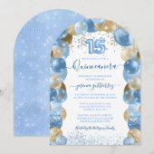 Bleu or étincelle Quinceañera Balloon Invitation (Devant / Derrière)