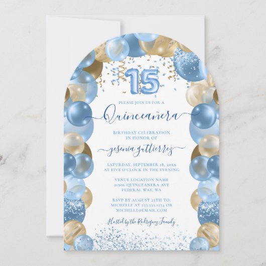 Bleu or étincelle Quinceañera Balloon Invitation (Devant)