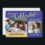 Bleu & Or Nouvel An Photo Baby Boy Faire-part<br><div class="desc">Ce faire-part photo bébé présente un design parfait pour un bébé né près du Nouvel An. L'arrière - plan est bleu avec des lettres d'or qui dit : TELLEMENT À Célébrer! Deux cadres photo personnalisables vous permettent d'ajouter plusieurs photos de votre nouveau bébé. Le texte personnalisable permet le nom de...</div>