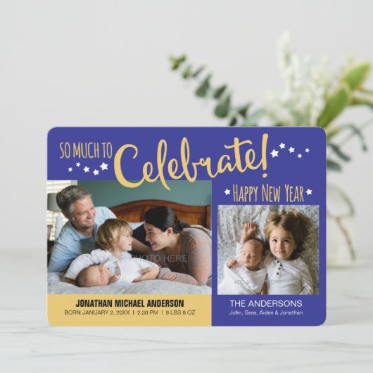 Bleu & Or Nouvel An Photo Baby Boy Faire-part (Debout devant)