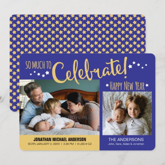 Bleu & Or Nouvel An Photo Baby Boy Faire-part (Devant / Derrière)
