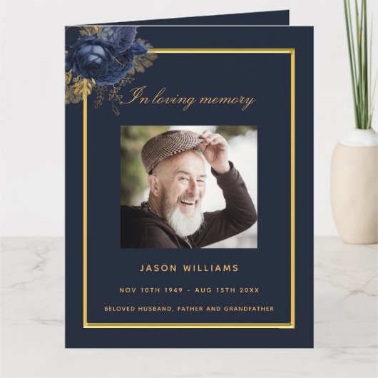 Bleu or photo élégant programme funéraire floral (Devant)