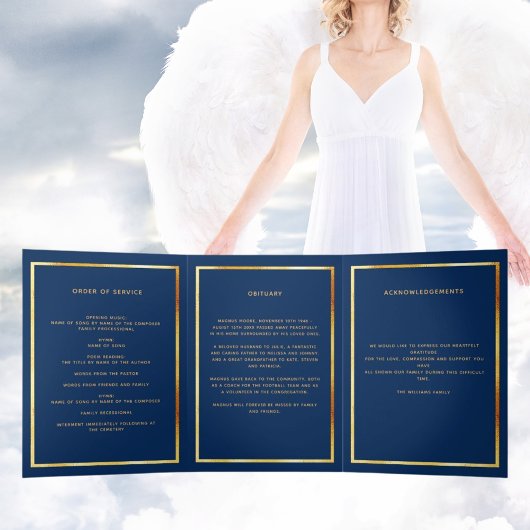 Bleu or photo élégant tri-pli programme funéraire