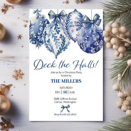 Bleu Ornements Noël Invitation
