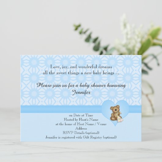 Bleu Ours Fleurs Rétro Invitation Baby shower (Debout devant)