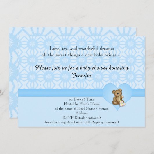 Bleu Ours Fleurs Rétro Invitation Baby shower (Devant / Derrière)