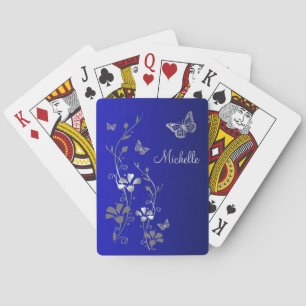 Bleu Papillon Argent Floral Cartes de jeu