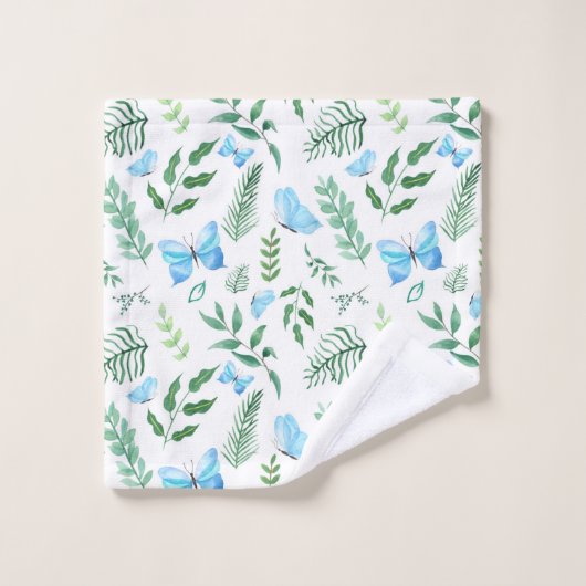 Bleu Papillon Botanique Verdure Aquarelle (Gant de toilette)