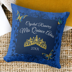 Bleu, Papillon d'or Tiara Quinceanera Coussin