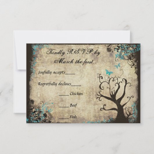 Bleu papillon et arbre mariage vintage RSVP (Devant)