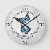 Bleu Papillon Floral Acrylique Horloge murale (Recto)