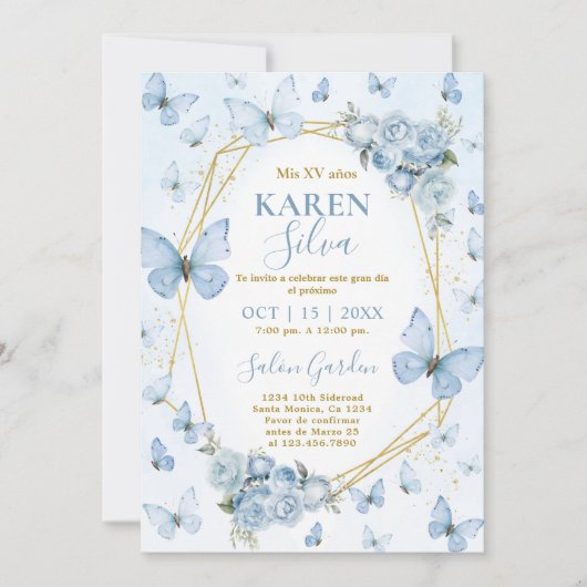 Bleu papillon Quinceanera Invitation (Devant)