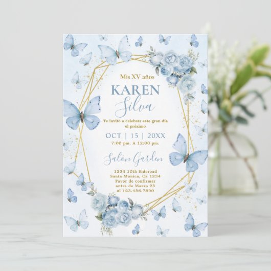 Bleu papillon Quinceanera Invitation (Debout devant)