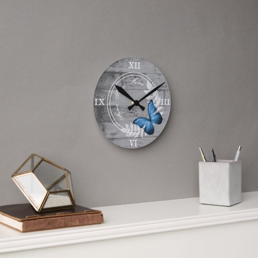 Bleu Papillon Rustique Acrylique Horloge murale (Bureau)