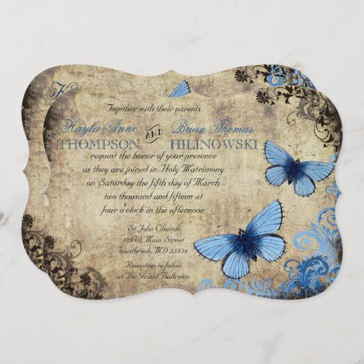 Bleu Papillon Vintage Mariage Invitation (Devant / Derrière)