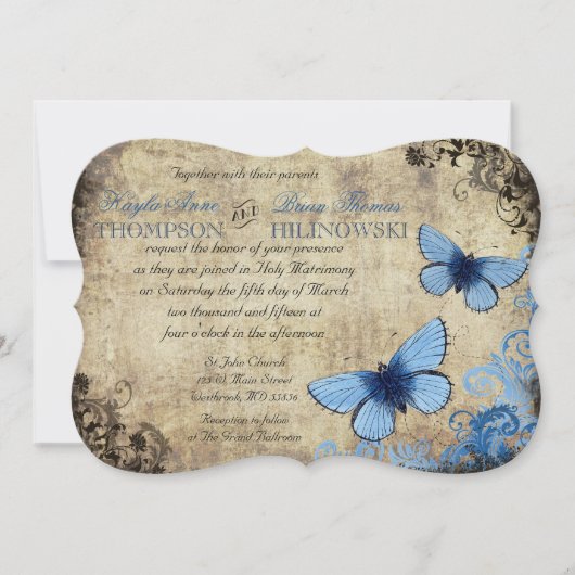 Bleu Papillon Vintage Mariage Invitation (Devant)