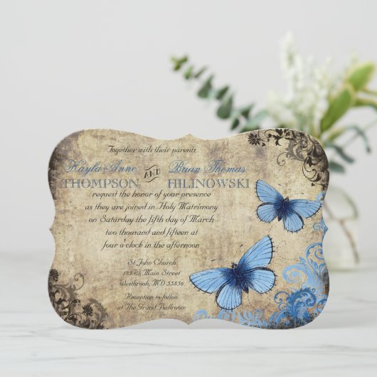 Bleu Papillon Vintage Mariage Invitation (Debout devant)