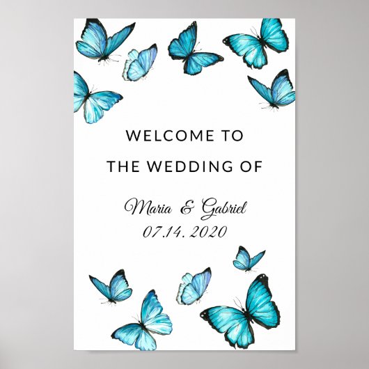 Bleu papillons d'aquarelle Mariage Poster (Devant)