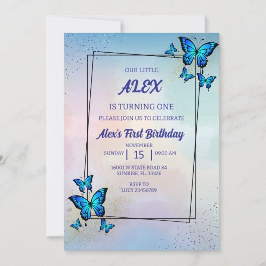 Bleu papillons Invitation fête d'anniversaire (Devant)