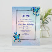 Bleu papillons Invitation fête d'anniversaire (Debout devant)