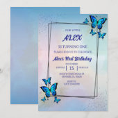 Bleu papillons Invitation fête d'anniversaire (Devant / Derrière)
