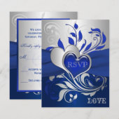 Bleu, Parchemins Argent, Cartes RSVP Cœurs (Devant / Derrière)