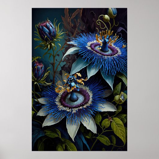 Bleu Passion Flower Art Imprimer Poster (Devant)