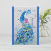 Bleu Peacock Aquarelle Invitation Anniversaire (Debout devant)
