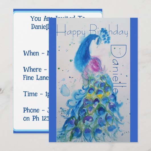 Bleu Peacock Aquarelle Invitation Anniversaire (Devant / Derrière)