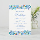 Bleu Pêche Floral Peonies Faire-part de mariage (Debout devant)