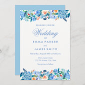 Bleu Pêche Floral Peonies Faire-part de mariage (Devant / Derrière)