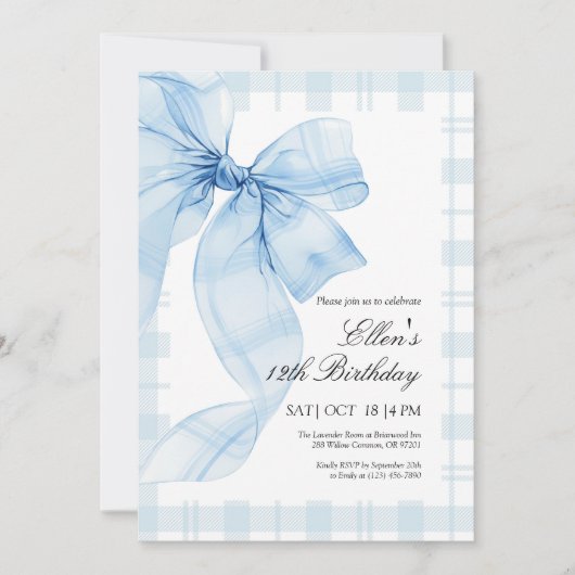 Bleu Plaid Bow Invitation Anniversaire (Devant)