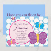 Bleu Polka point Papillon Invitation d'anniversair (Devant / Derrière)