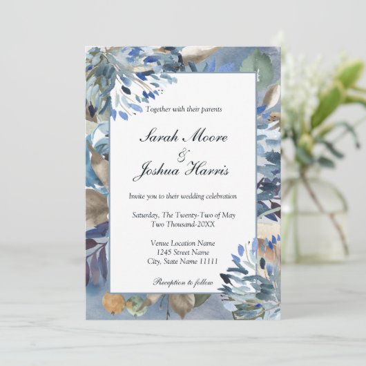 Bleu poussiéreux avec cadre, faire-part de mariage (Debout devant)